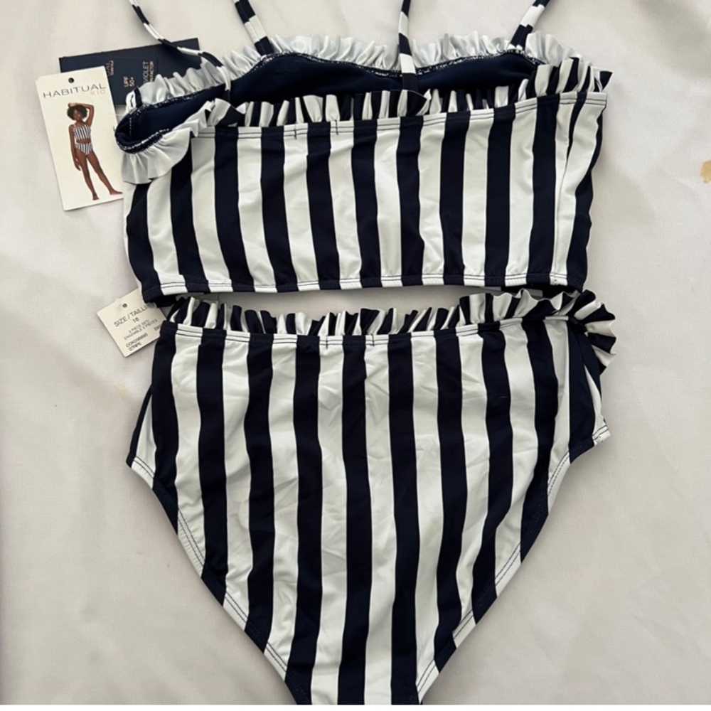 NWT Habitual Girls Tank Two Piece Swimsuit Blue White Stripe Size 14 - Picture 2 of 2
